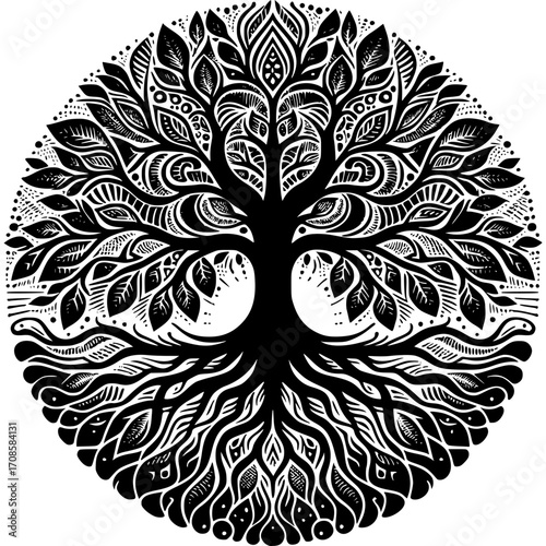 Eternal Tree of Life: An intricate and detailed illustration of the Tree of Life, a symbol of interconnectedness, wisdom, and the eternal cycle of life, rendered in a striking black and white design.