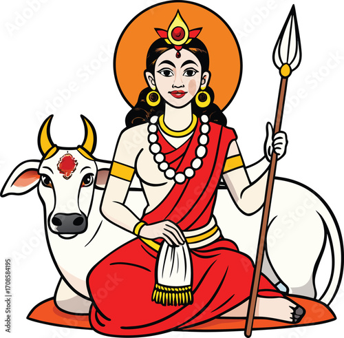 Hindu goddess Durga seated with white cow and spear