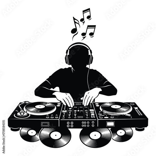 Vector art of silhouette of a dj mixing music with turntables isolated on white background