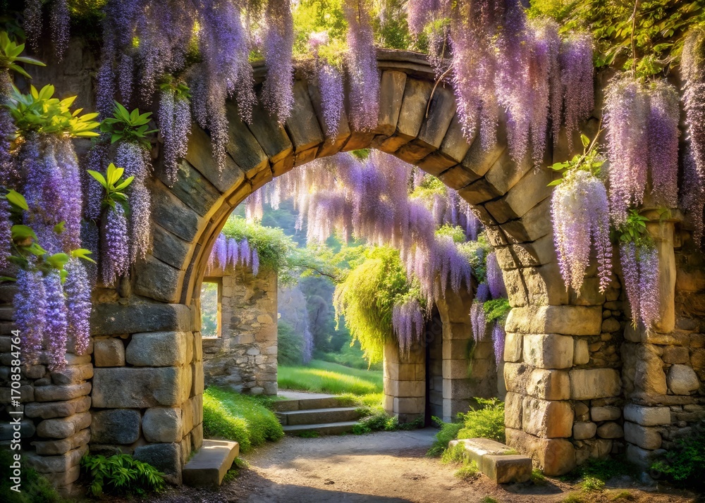 Obraz premium Stone archway adorned with cascading wisteria flowers in a lush garden