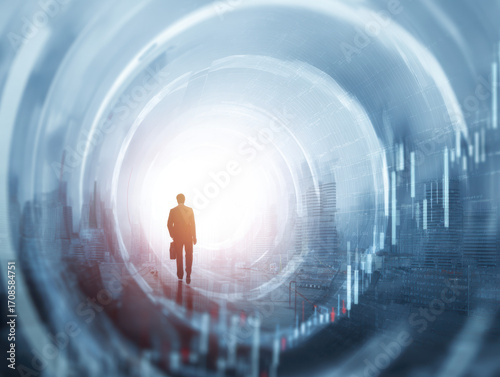 A silhouette of a businessman with a briefcase walking into a glowing abstract tunnel, symbolizing future, opportunity, or technology.