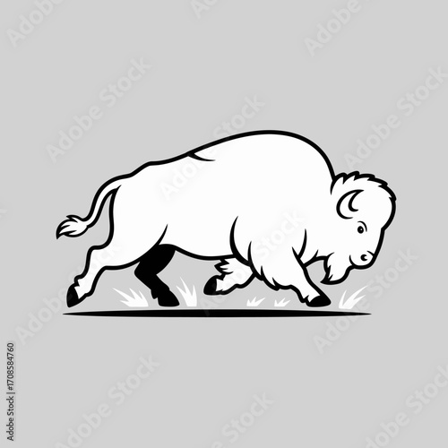 Stylized illustration of a running bison in black and white