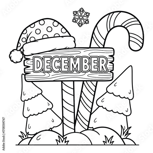 Vector art of a festive december scene with a santa hat and candy cane isolated on white background