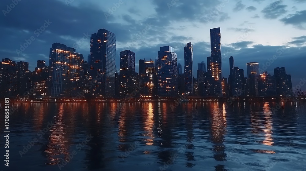 Fototapeta premium A city skyline illuminated at dusk, reflecting on water, showcasing urban beauty and tranquility.