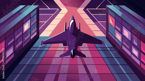 Futuristic jet fighter on landing strip with neon cityscape background