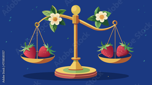 Balanced scales holding strawberries and flowers