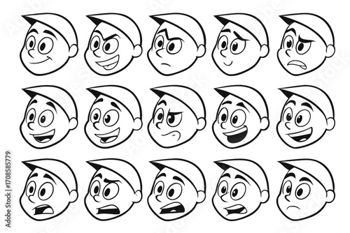 Cartoon Boy Head Expressions Set Black and White Line Art Style Vector Illustration