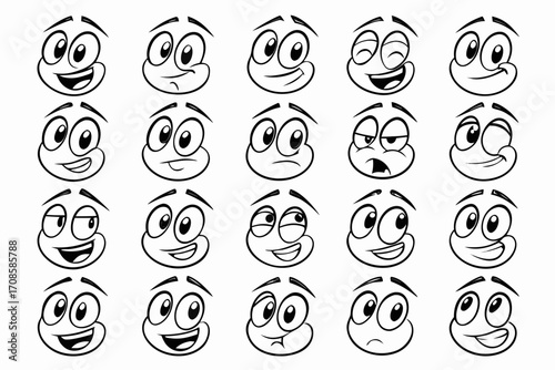 Cartoon retro faces. Vintage emotional face with mascot characters funny faces , eyes and mouths elements.	
