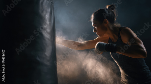 Focused female boxer training with punching bag in dramatic lighting, powder particles in the air.