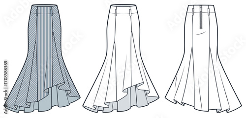 Asymmetrical Godet Skirt technical fashion illustration. Striped Long Skirt fashion flat technical drawing template, flared, back zipper, front and back view, white, grey, women CAD mockup.
