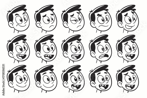 Cartoon Boy Head Expressions Set Happy Sad Angry Surprised and More