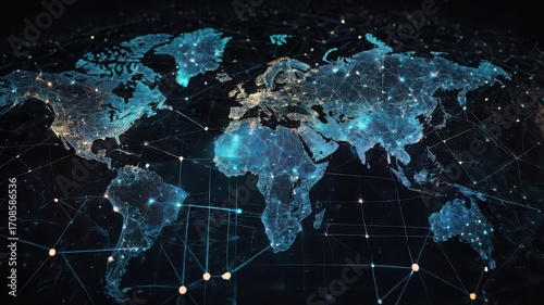 World map with glowing connections and digital network overlay in dark setting