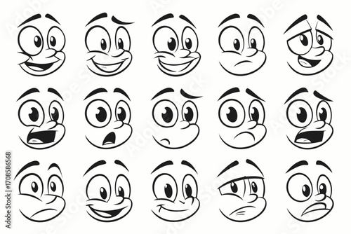 Cartoon retro faces. Vintage emotional face with mascot characters funny faces , eyes and mouths elements.	