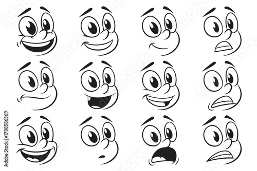 Cartoon retro faces. Vintage emotional face with mascot characters funny faces , eyes and mouths elements.	