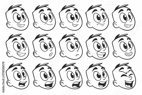 Cartoon Boy Head Expressions Set Black and White Line Art Style Vector Illustration