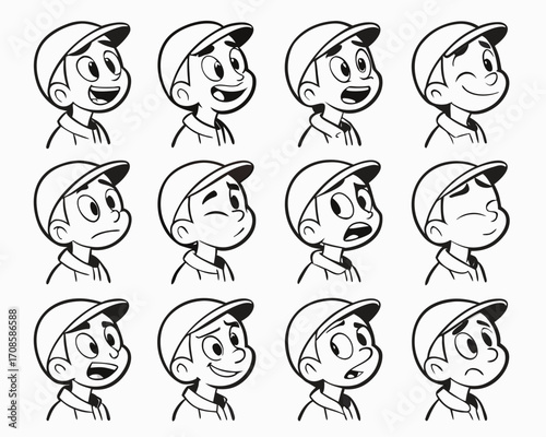 Cartoon boy with various expressions in black and white line art style