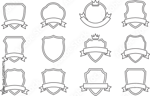 Collection of 12 Sketched Heraldic Shields and Coat of Arms Icons in Minimalist Black Line Art Vector Illustration
