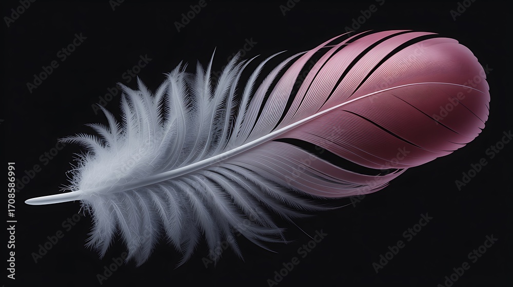 Obraz premium A single delicate pink feather with a metallic sheen rests against a stark black background, showcasing its intricate details and soft texture