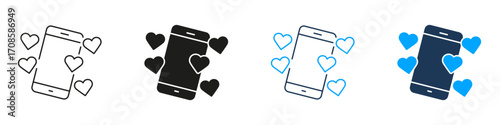 Smartphone With Hearts Line And Solid Icon Set. Mobile Love, Social Media Engagement, And Online Dating Symbol Collection. Digital Communication And Connection. Isolated Vector Illustration