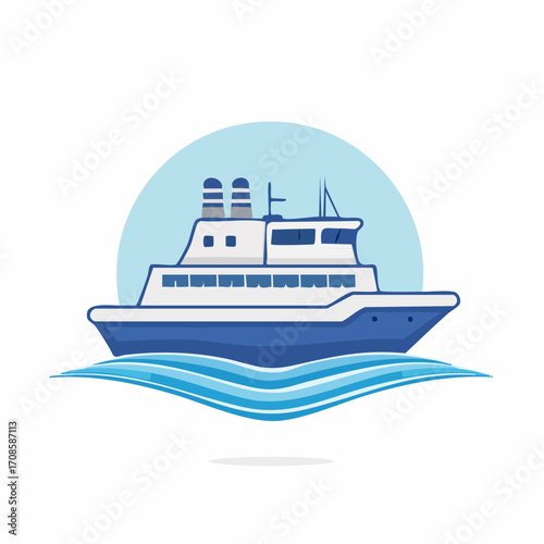 Stylized Blue and White Ship on Ocean Waves with a Light Blue Circular Backdrop