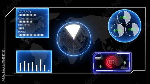 Futuristic hud Map display showing increasing bar charts and data analysis artificial data analytics with predictive models, smart dashboards, and virtual assistant for data-driven business.