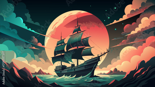 Mysterious tall ship sails under a giant crimson moon