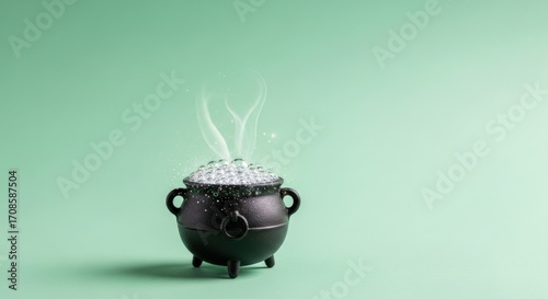 Bubbling witch's cauldron with smoke on a light green background for halloween