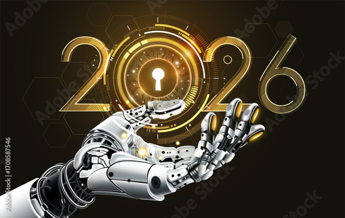 Artificial intelligence robotic hand reaching digital keyhole with golden tech design Hud, Agentic Ai technology trends in 2026 concept, vector illustration