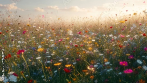 Colorful wildflower meadow at sunset