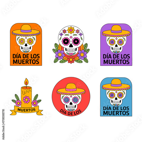 Dia de los Muertos labels, colorful badge collection, sugar skull portraits, decorative frames, vintage sticker style, vector illustration