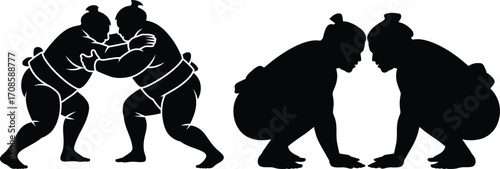 Sumo Wrestling Silhouette Vector Illustration of Two Wrestlers in Action