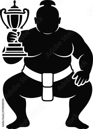 Sumo Wrestling Champion Silhouette Holding Trophy Vector Illustration