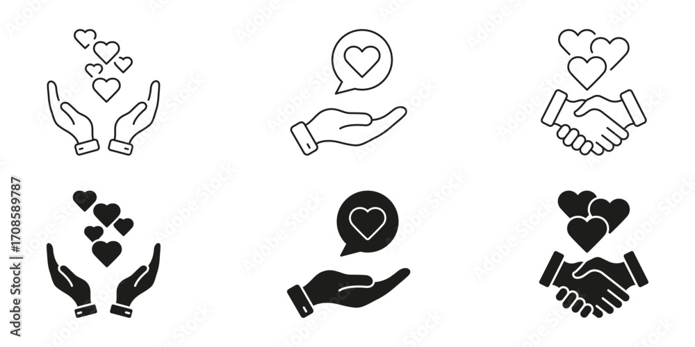 Naklejka premium Hands And Hearts Line And Silhouette Icon Set. Love, Care, And Support Symbol Collection. Compassionate Communication And Partnership Symbol. Isolated Vector Illustration