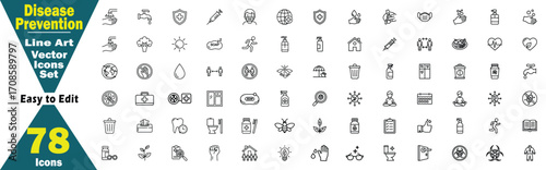 Disease Prevention Line Art Vector Icons Set. 78 Icons Easy to Edit illustration. 