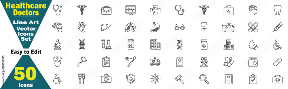 Fototapeta premium Healthcare Doctors Line Art Vector Icons Set. 50 Icons healthcare, doctors, line art, vector, icons, set, medical concept vector illustration. 
