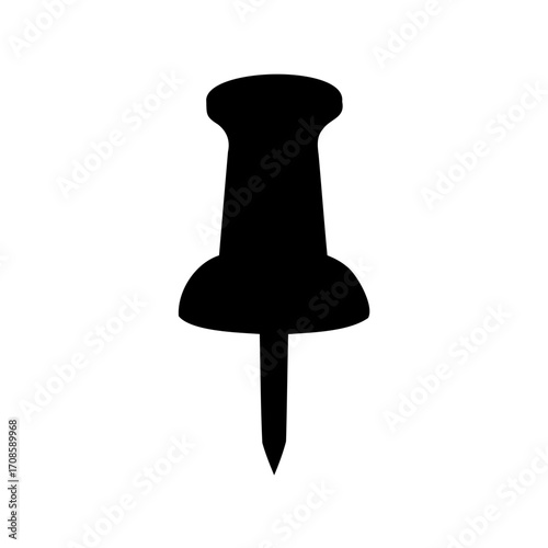 Single black push pin isolated on a white background for office use