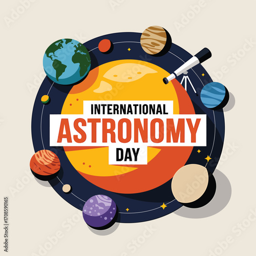 Vector art of international astronomy day celebration with planets, sun, and telescope illustration