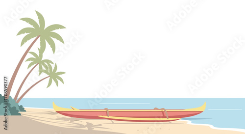 tropical beach scene with traditional outrigger canoe.