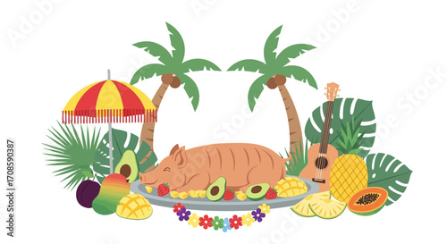 Whole Roasted Pig Feast with Tropical Fruits and Hawaiian Decorations.