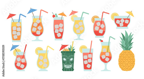 Colorful tropical cocktails and drinks collection with pineapple.