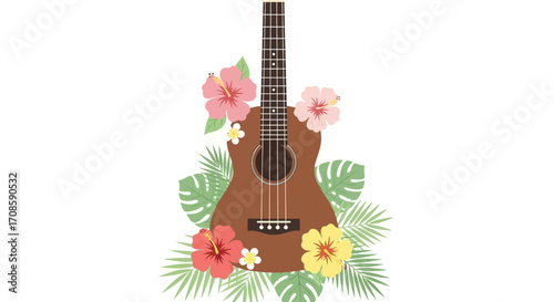 Hawaiian Ukulele Guitar with Tropical Hibiscus and Plumeria Flowers.