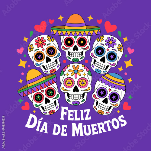 Feliz Dia de Muertos poster, smiling sugar skulls, hearts and stars, sombrero hats, marigold flowers, playful celebration