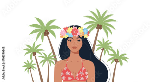 Tropical Beauty: Woman with Flower Crown in Paradise.