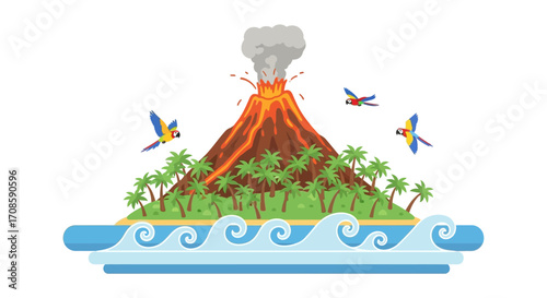 Tropical island with an erupting volcano and flying parrots.