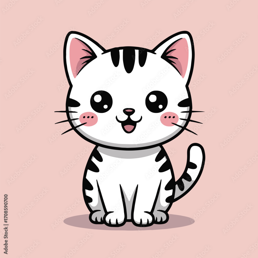 Obraz premium Vector art of cute cartoon cat vector illustration funny cat character with happy face isolated on pink background kawaii cat mascot for kids, children, baby, tshirt, sticker, print, decoration, card,