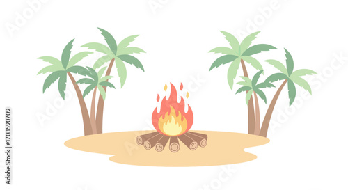 Tropical beach bonfire with palm trees on sand.