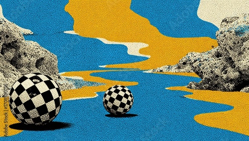 Obraz na płótnie Abstract landscape with two checkered spheres