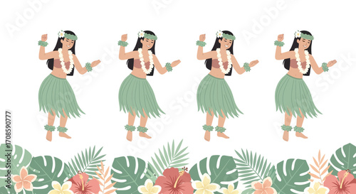 Graceful Hawaiian hula dancer in traditional costume illustration.