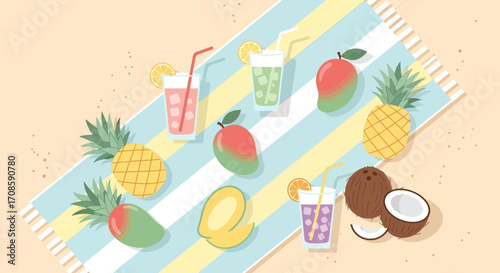 tropical fruit drinks and snacks on a beach towel.