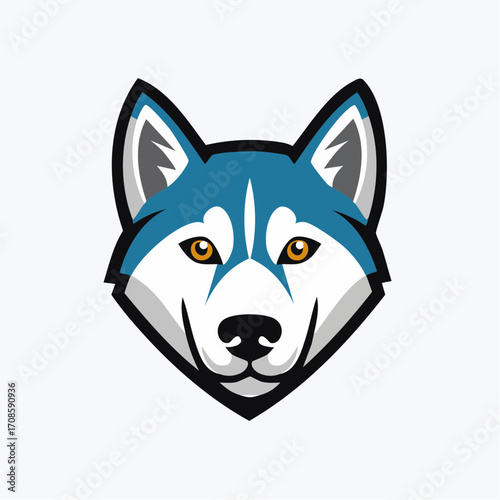 Vibrant husky logo illustration featuring a striking blue, white, and black geometric design